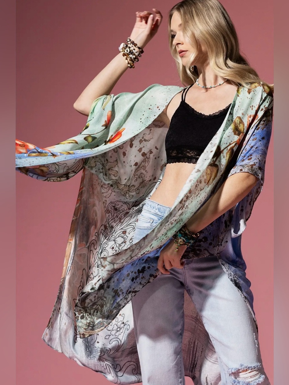 “Moonstone” Kimono | Watercolor Floral | Lightweight Boho Duster | One Size - Picture 5 of 7